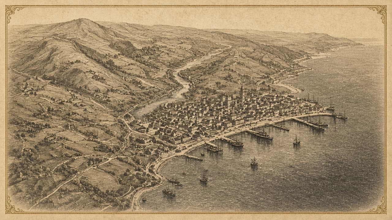 Archival-style view of a Victorian regional harbour town